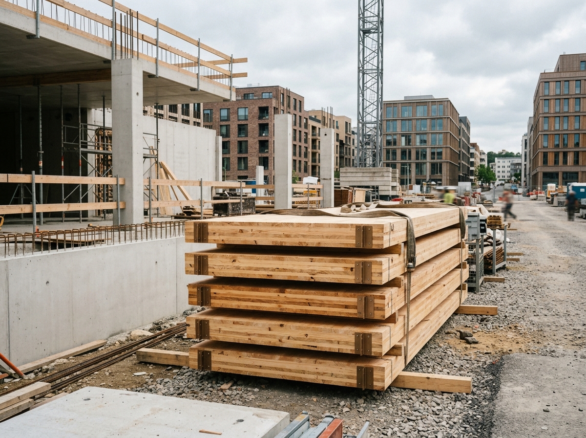 Panneaux de bois lamellé-croisé empilés sur un chantier