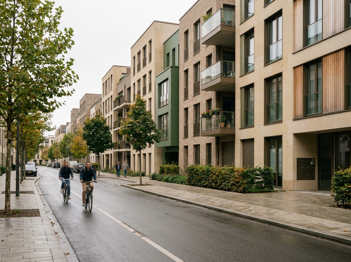 Rue à échelle humaine dans un nouveau quartier résidentiel de densité moyenne