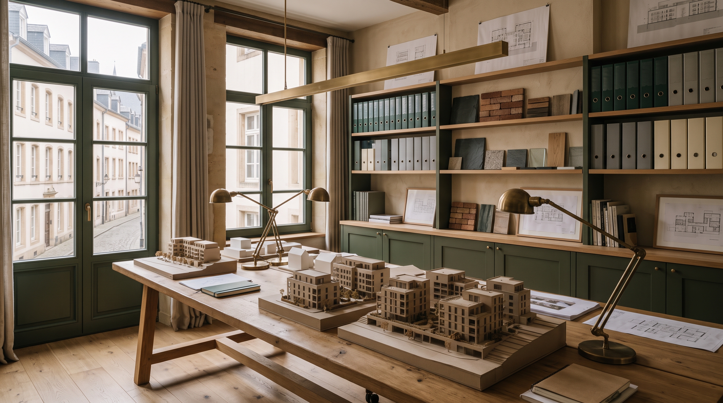 Atelier du cabinet Kieffer et Lanser : longue table de chêne avec maquettes d'immeubles résidentiels