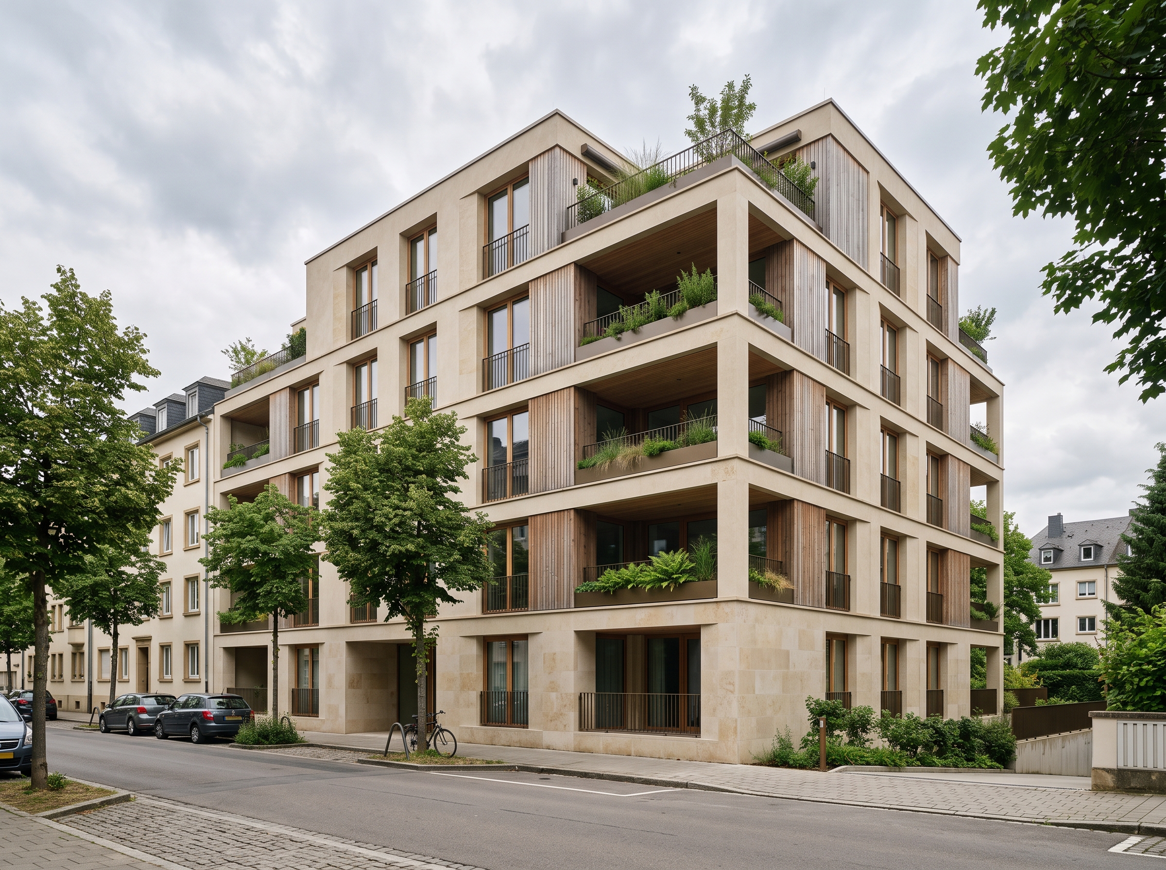 Immeuble résidentiel collectif basse consommation à Luxembourg, façade minérale et bois avec balcons plantés