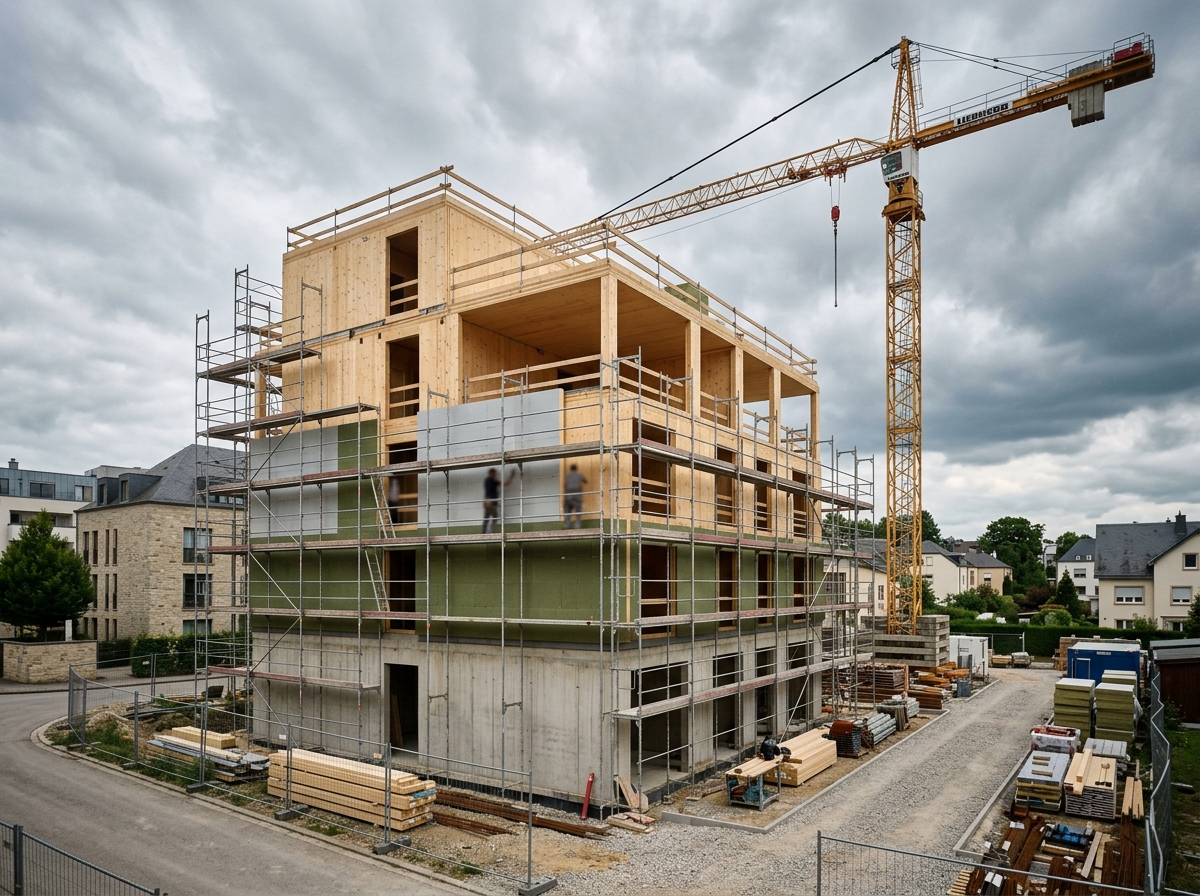 Chantier d'un immeuble résidentiel : structure bois lamellé-croisé sur socle béton, grue et échafaudages