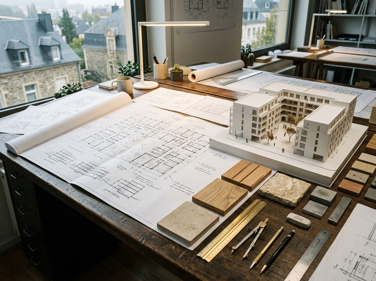 Table de travail : plans techniques de logements collectifs, maquette de volume et échantillons de matériaux
