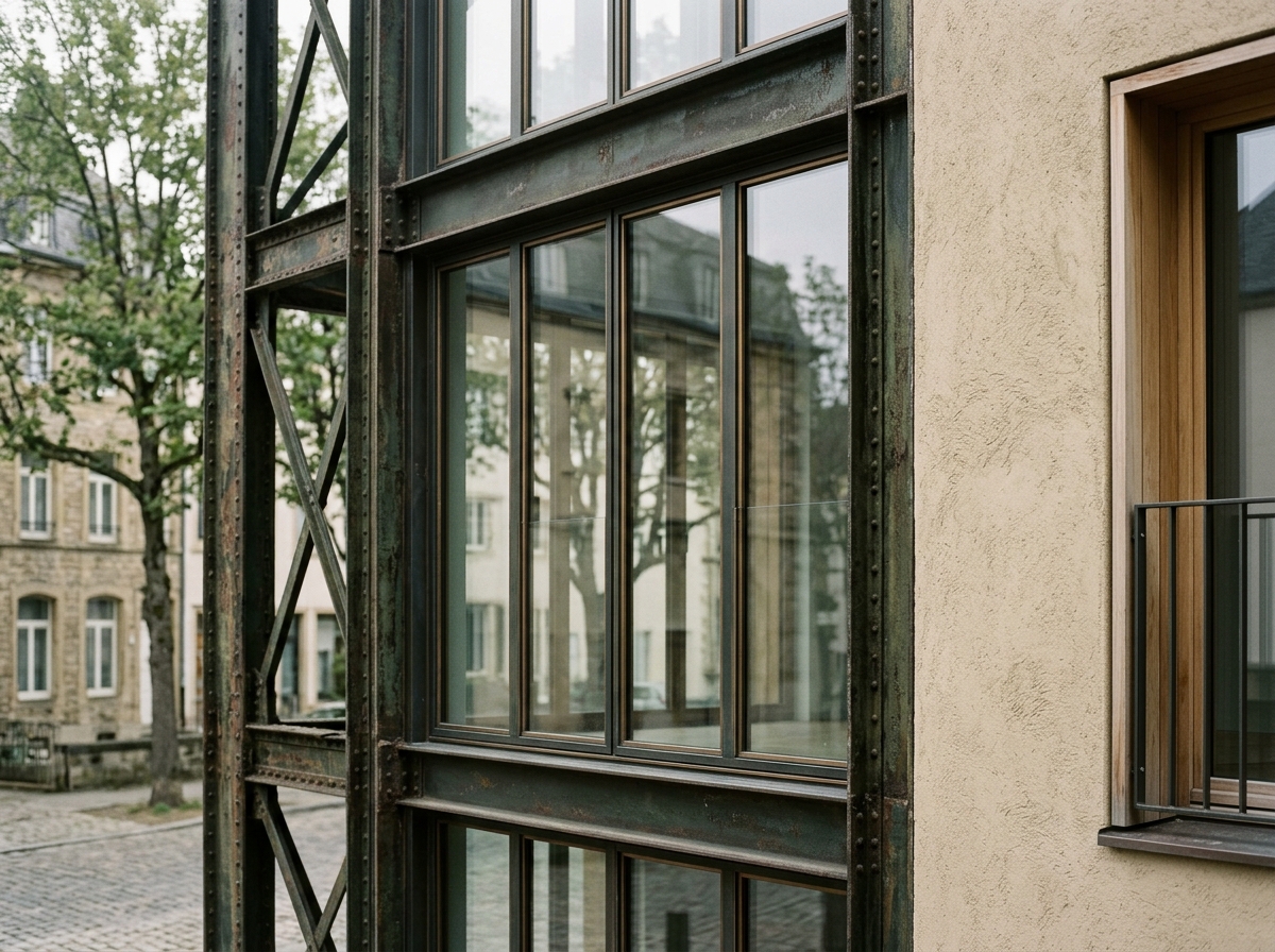 Détail de façade mêlant structure métallique conservée et nouvelle enveloppe minérale
