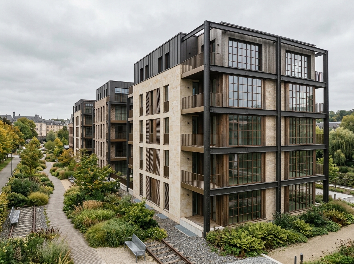 Friche Belval-Nord : immeuble résidentiel intégrant une ancienne structure industrielle