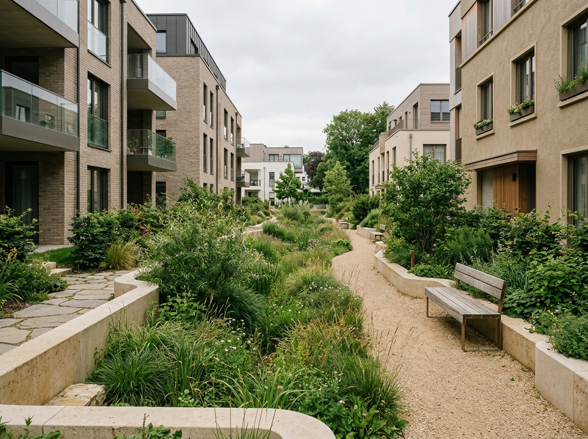 Noue paysagère plantée entre deux bâtiments de l'éco-quartier Dudelange-Sud
