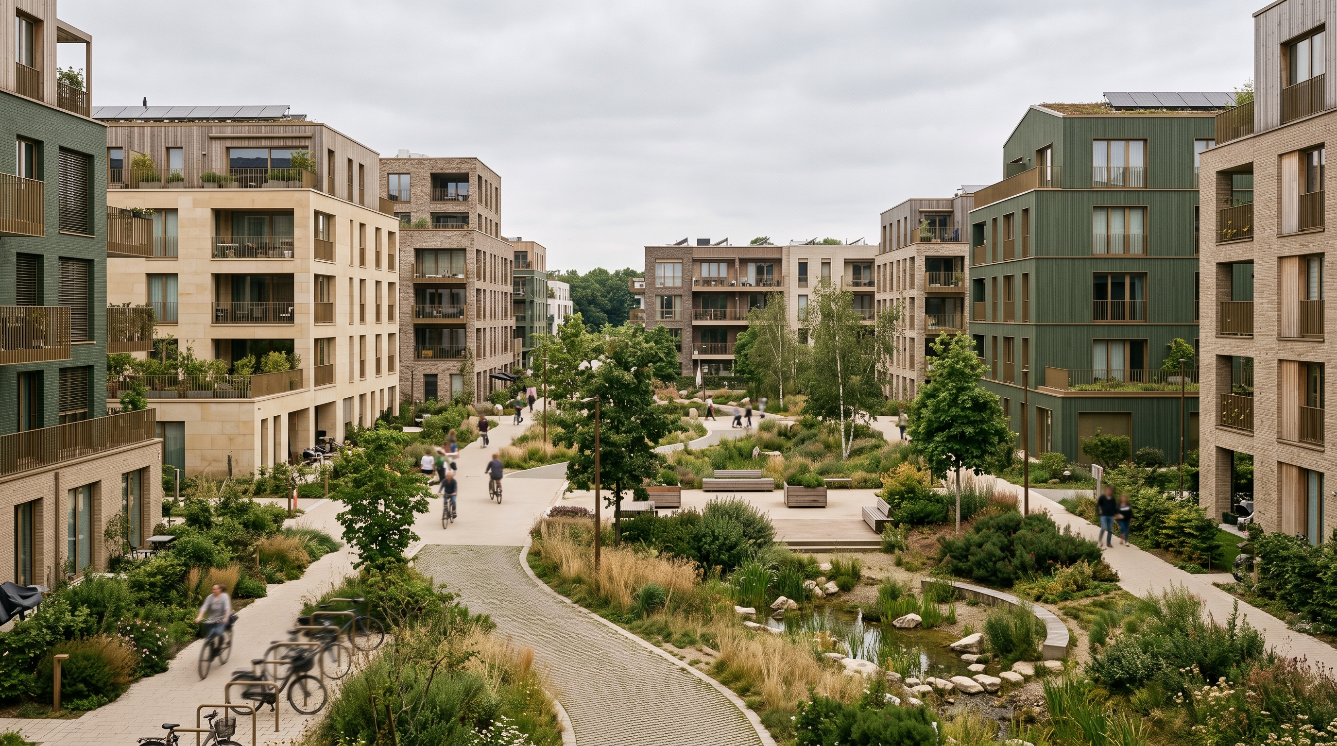 Éco-quartier Dudelange-Sud : plusieurs immeubles résidentiels bas autour d'une place paysagère