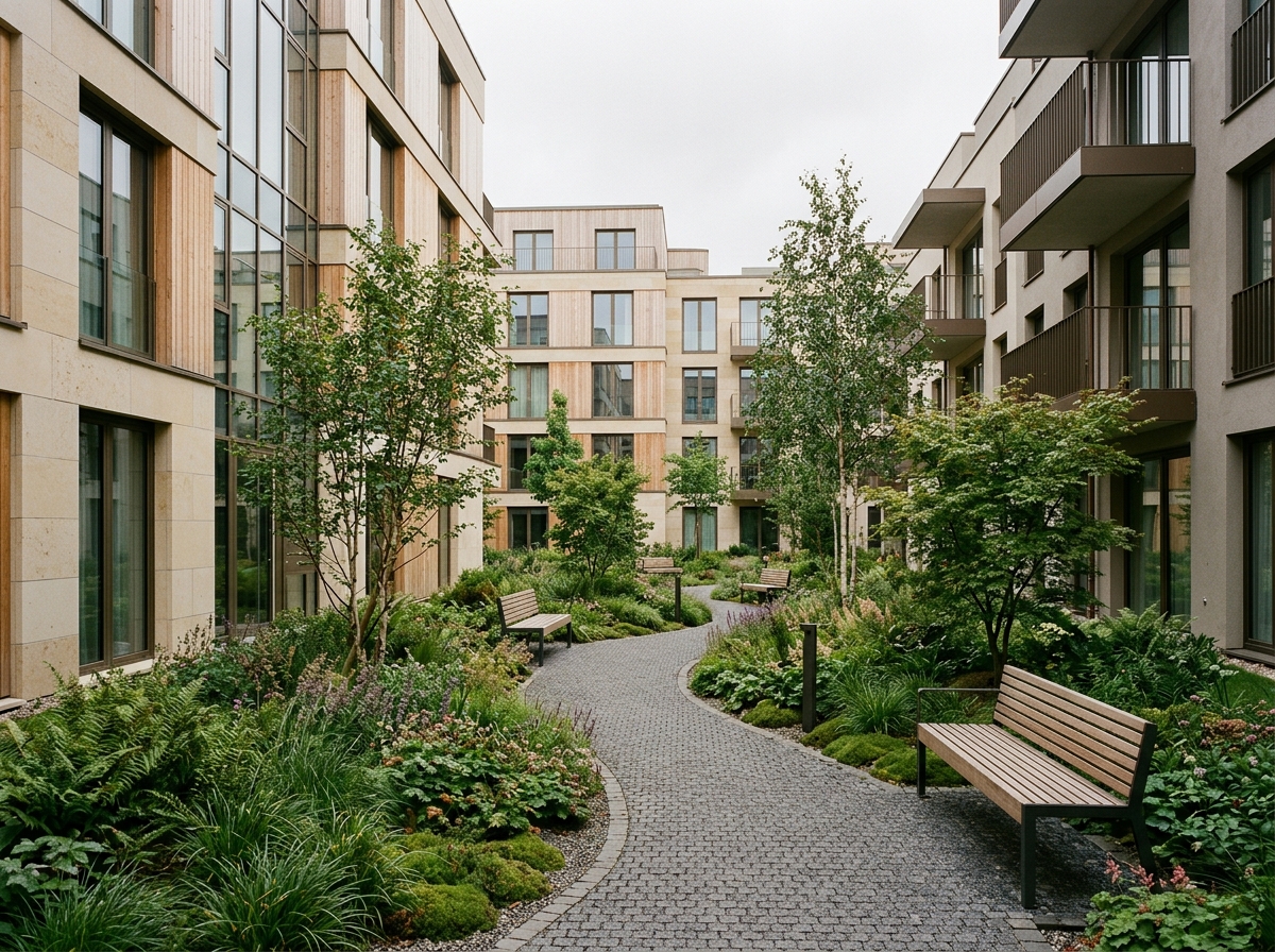 Îlot Fousbann : cour paysagère entre deux immeubles résidentiels contemporains