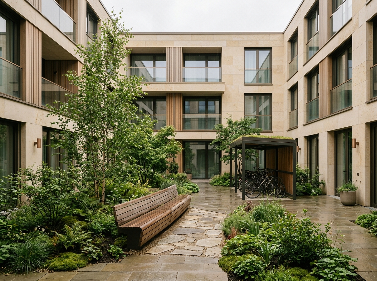 Jardin commun planté de la Résidence Grünewald, avec abri à vélos et bancs