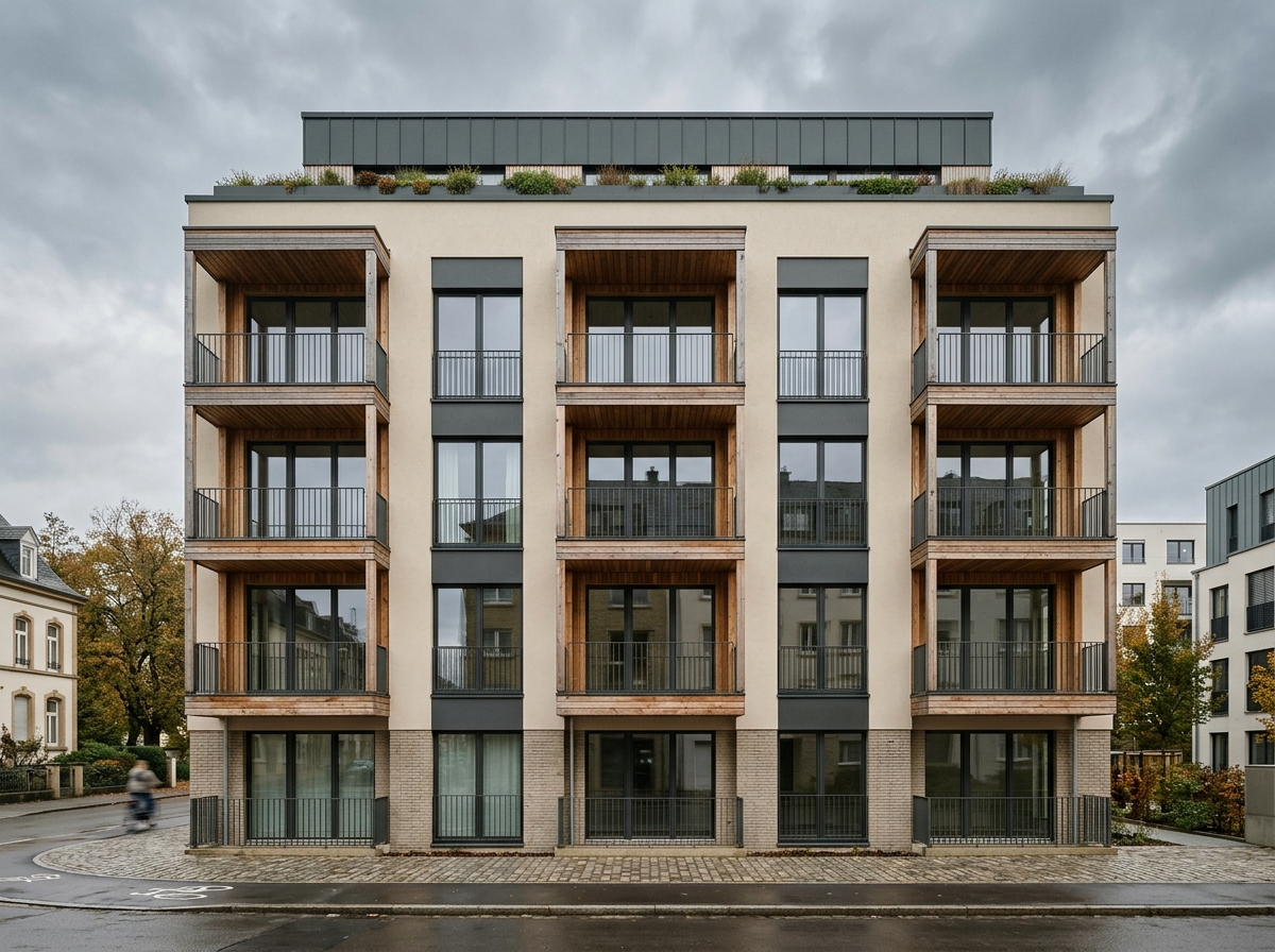 Résidence Grünewald : façade à balcons de bois et grandes baies triple vitrage