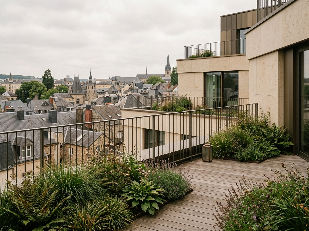 Terrasse plantée en bois d'un logement, vue sur les toits environnants