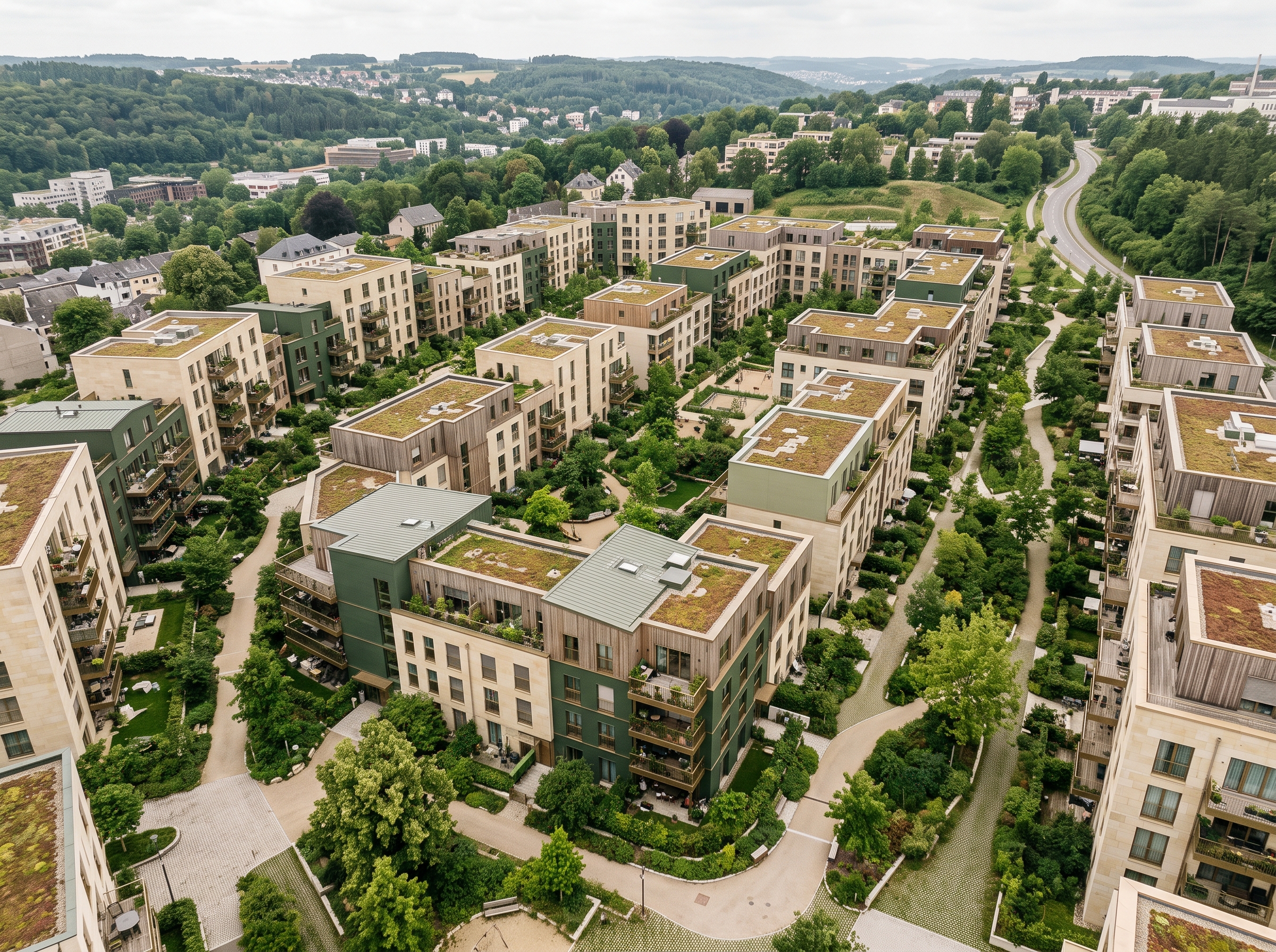 Vue aérienne d'un quartier résidentiel durable, immeubles bas autour de cours plantées et de cheminements arborés